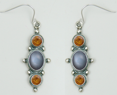 Sterling Silver Drop Dangle Earrings With Grey Moonstone And Amber